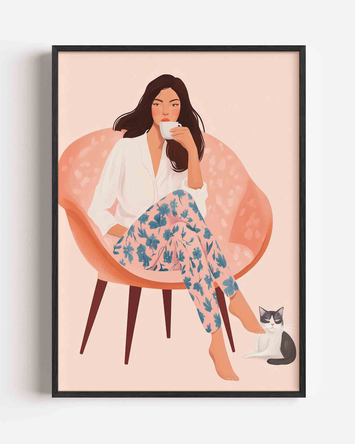 Vrouw met kopje en kat – moderne portret poster als wanddecoratie