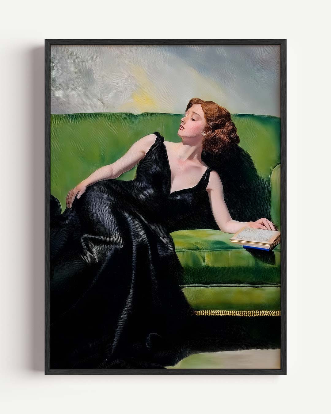 Vrouw op Groene Sofa – paas portret poster als wanddecoratie