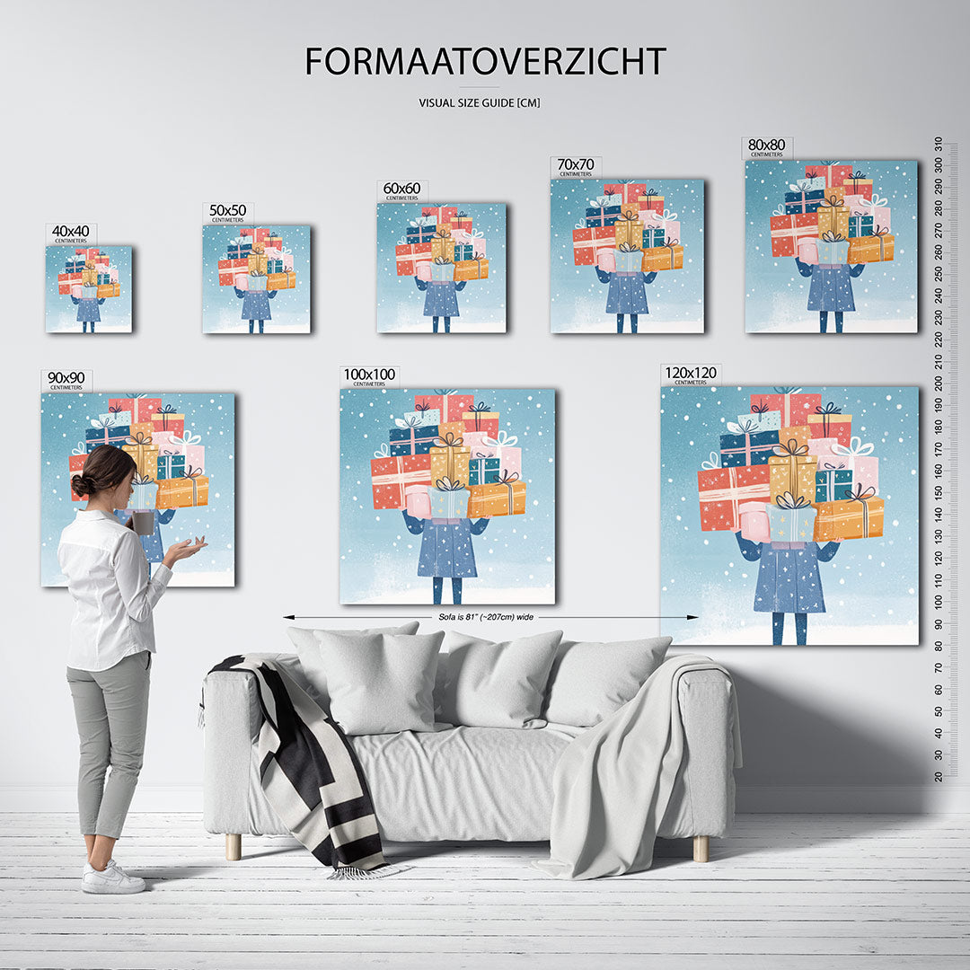 Speelse cadeau illustratie kunstwerk – sfeerbeeld – dit werk toont een figuur met een stapel kleurrijke cadeaus tegen een