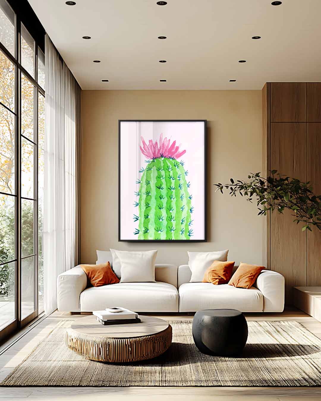 Bloeiende Cactus Schilderij – plexiglas wanddecoratie in portret formaat