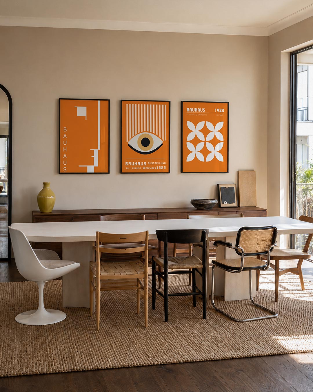 Oranje lijnenspel posterset – tweede productweergave – deze posterset in drie delen toont een levendig oranje vlak met witte