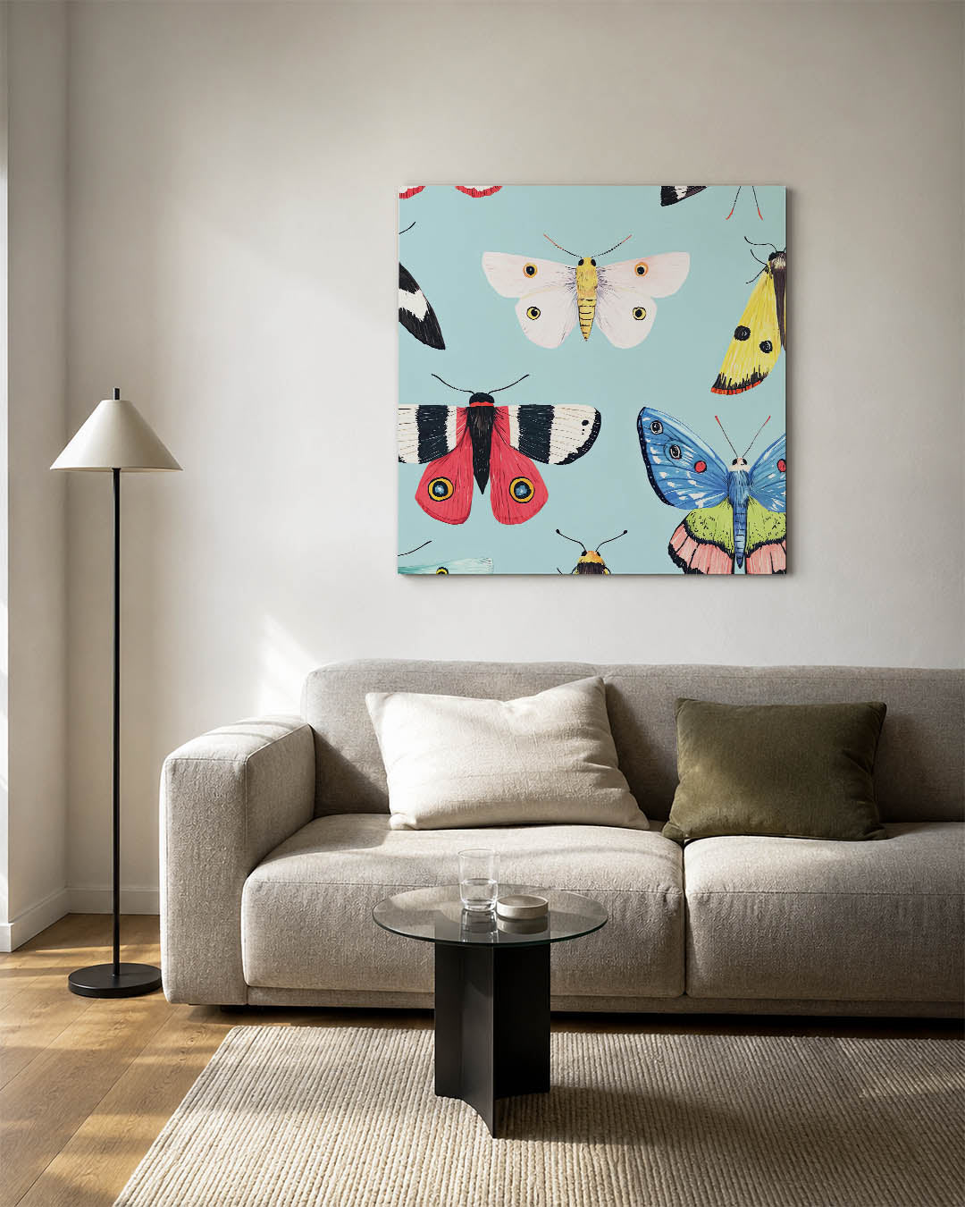 Vrolijke vlinders kunstwerk – detailweergave – dit kunstwerk toont een verzameling kleurrijke vlinders tegen een blauwe
