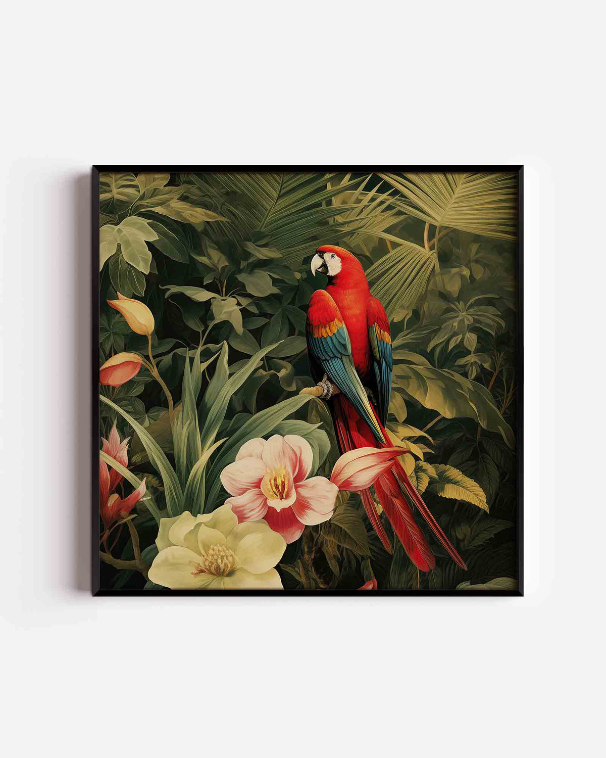 Papegaai en bloemen – jungle vierkante poster als wanddecoratie