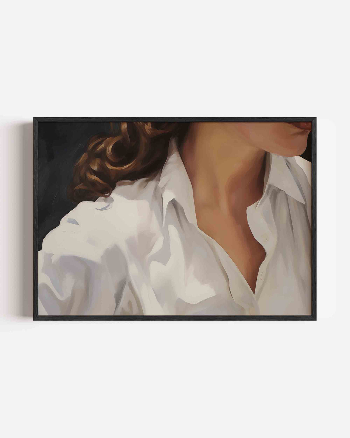 Witte blouse en krullend haar – vrouwelijk portret als landscape poster