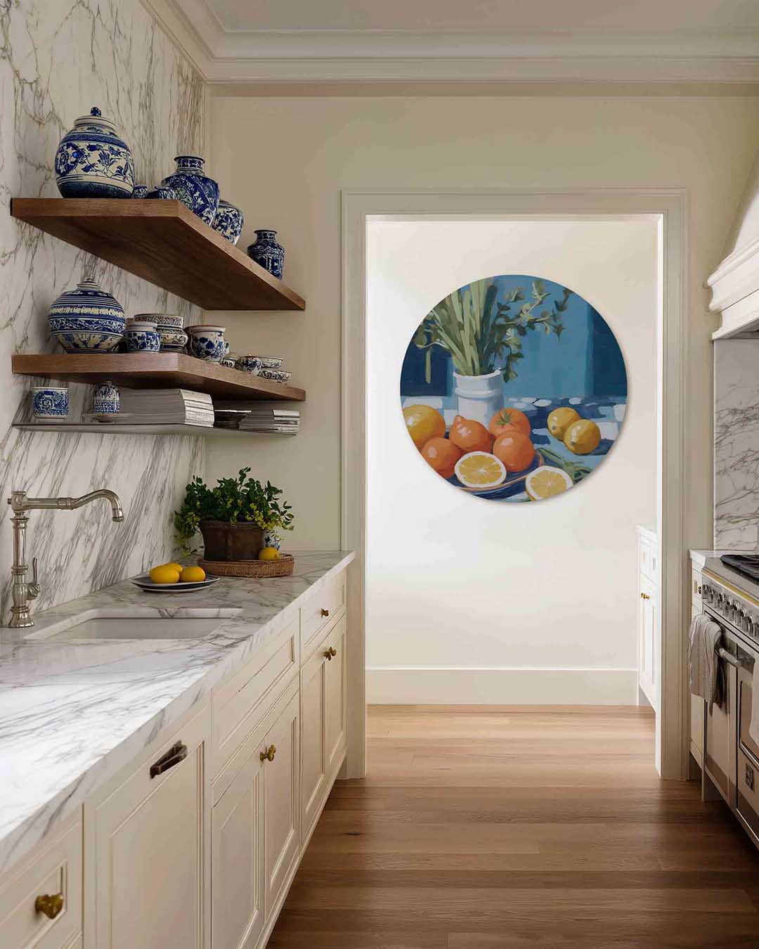 Citrus en kruiden – moderne abstracte muurcirkel voor aan de muur