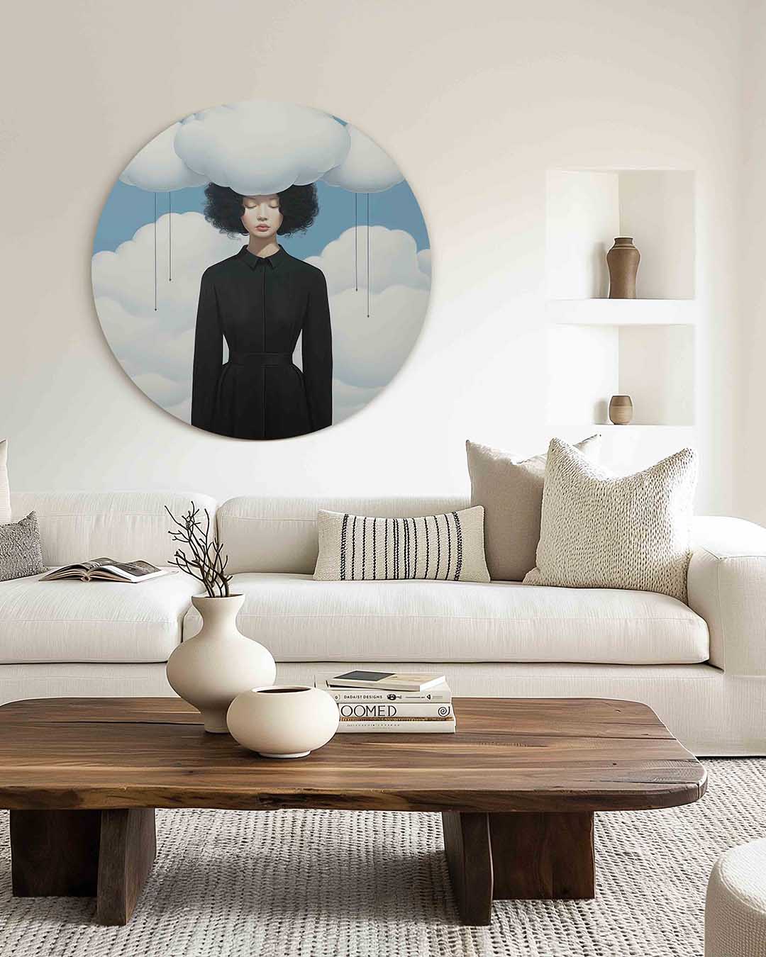 Vrouw met wolken – illustratie muurcirkel als ronde muurdecoratie