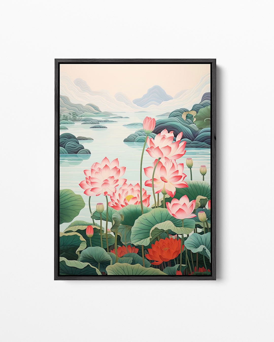 Lotusbloemen en bergen – staand wanddecoratie kunstwerk