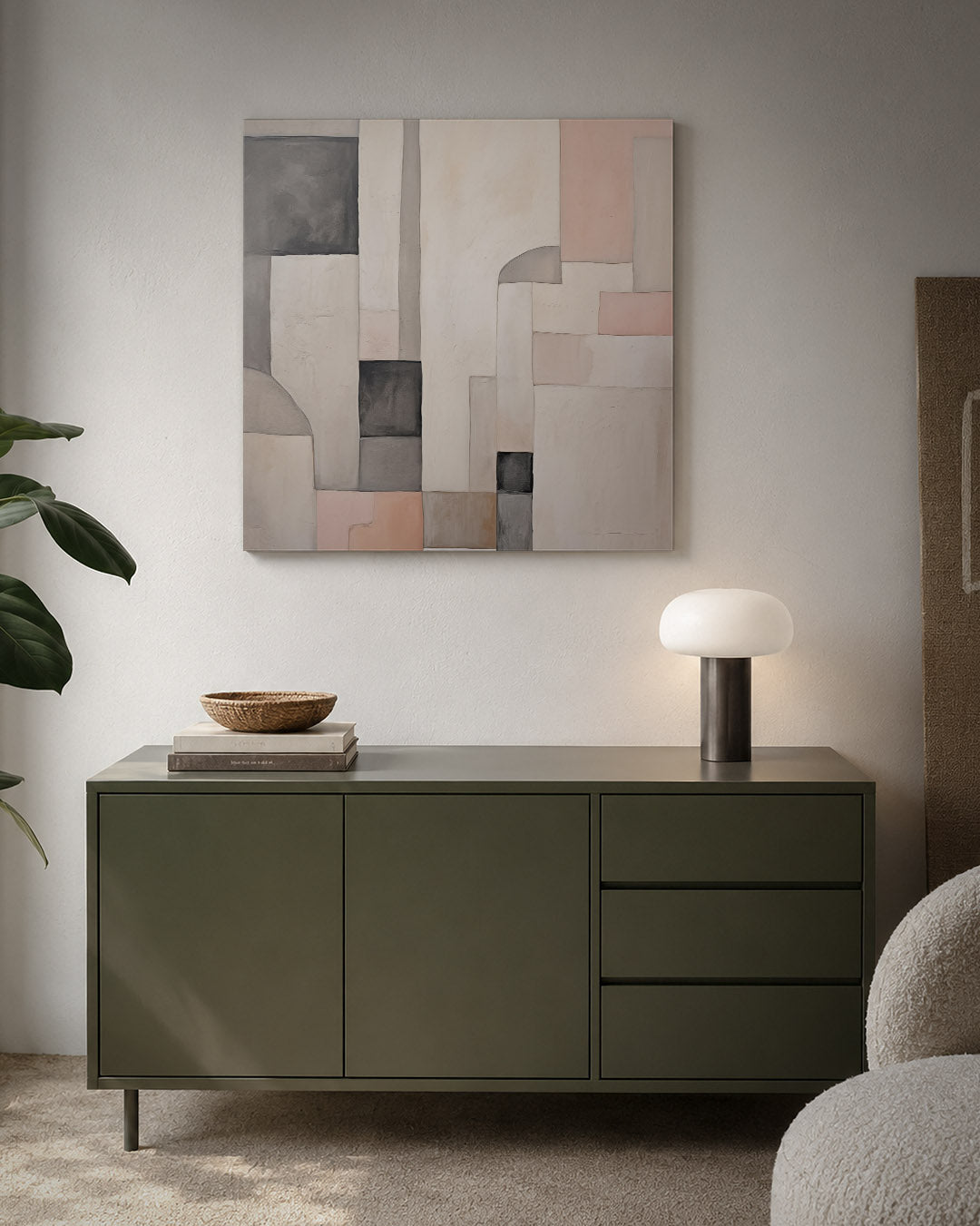 Geometrische vormen kunstwerk – detailweergave – dit werk toont een compositie van rechthoeken en vierkanten in zachte