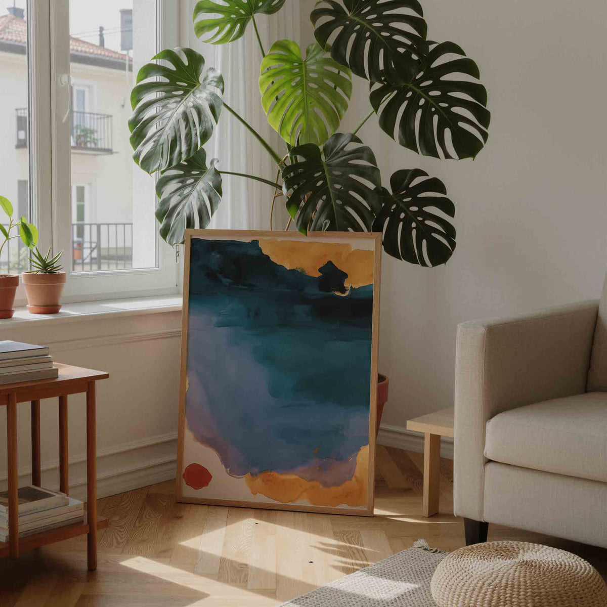 Blauw en oranje abstracte – moderne illustratie als portret poster