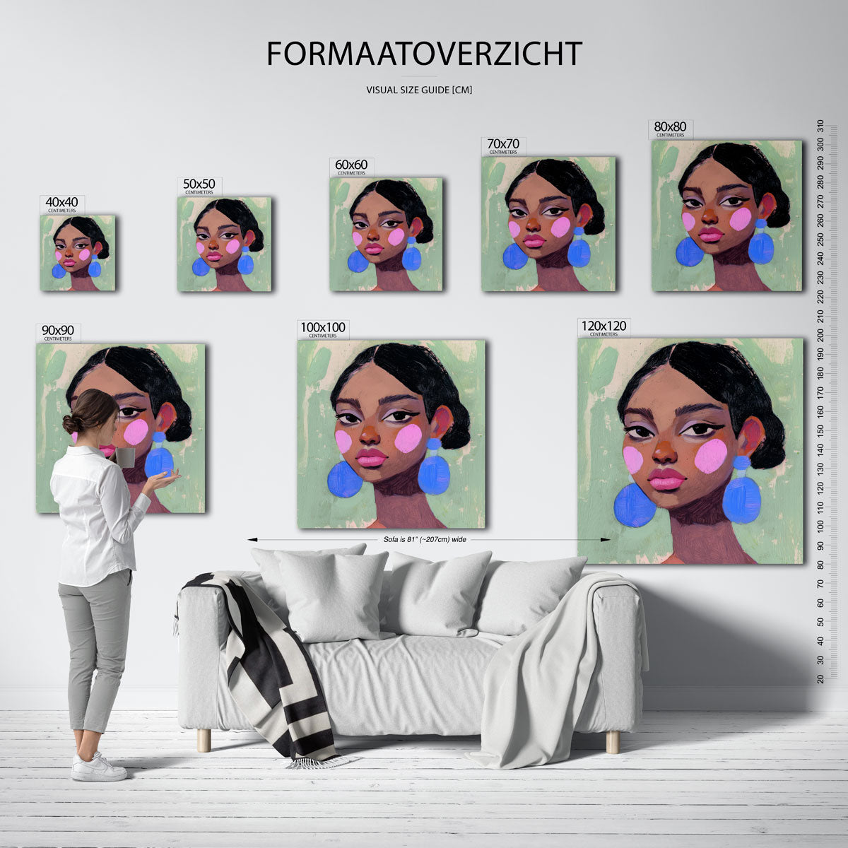 Vrouw met blauwe oorbellen – vierkante muurposter voor een modern interieur