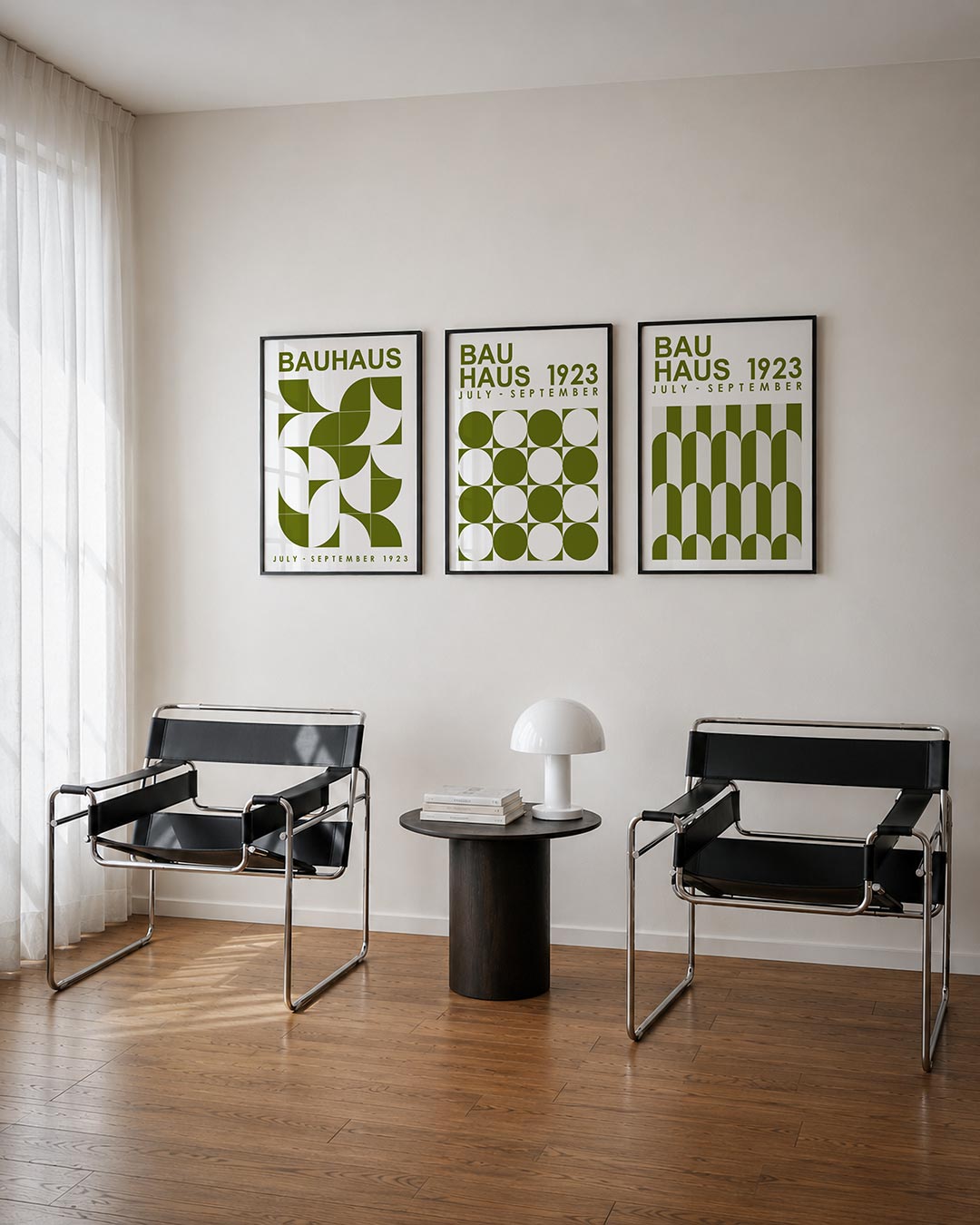 Vorm en kleur driedelige posterset – deze posterset in drie delen toont een speelse ordening van halve cirkels en vierkanten