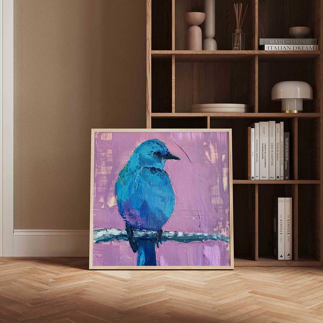 Blauwe vogel – kleurrijke vierkante wanddecoratie van WallArtistic