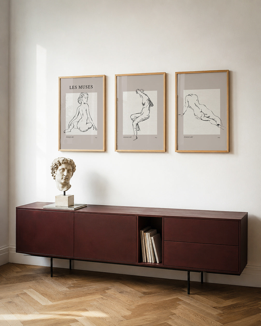 Lijnenspel en vormen posterset – detailweergave – een lijntekening van een zittende figuur, omlijst door een
