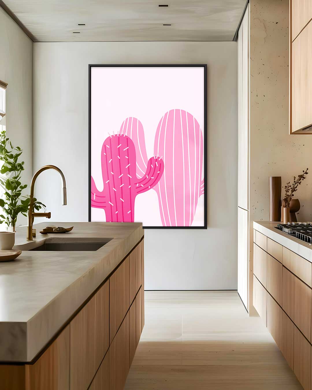 Roze Cactus Verbeelding – kunstwerk met zwarte baklijst