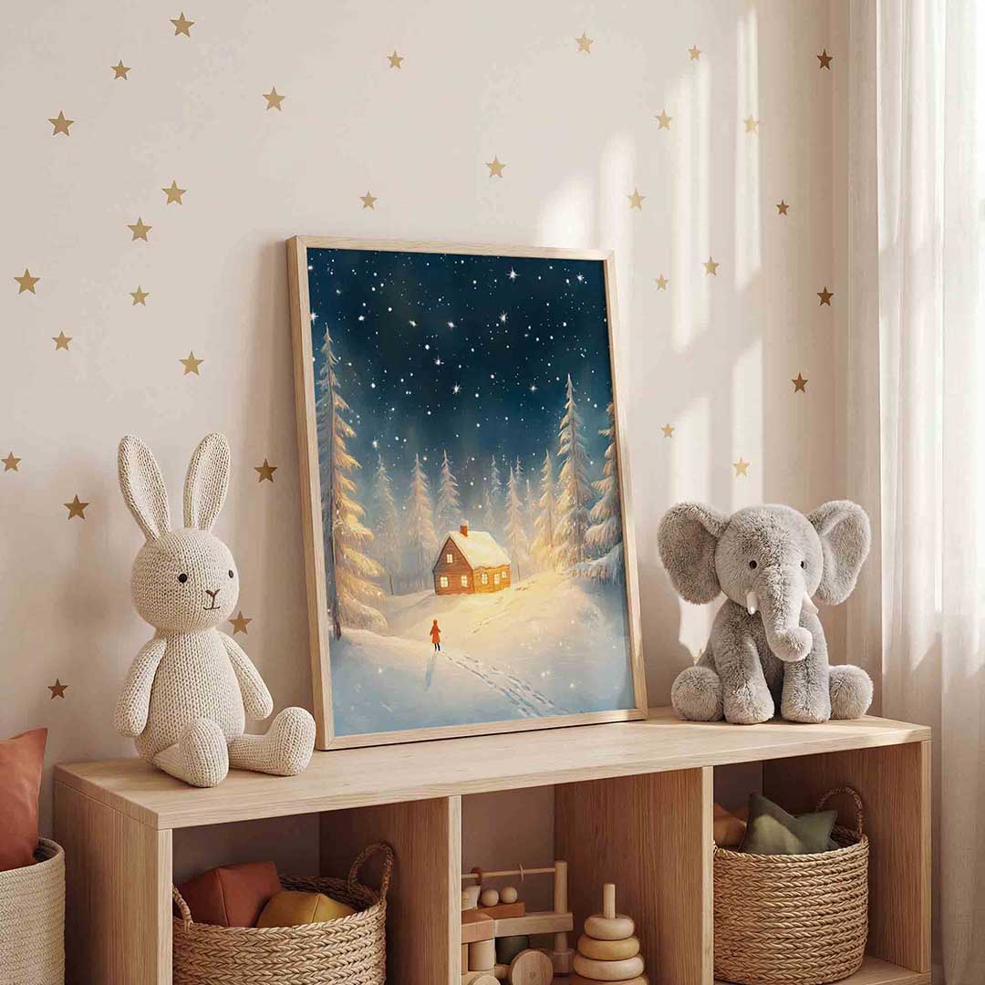 Winterlandschap met huis – staande kinderkamer wanddecoratie van WallArtistic
