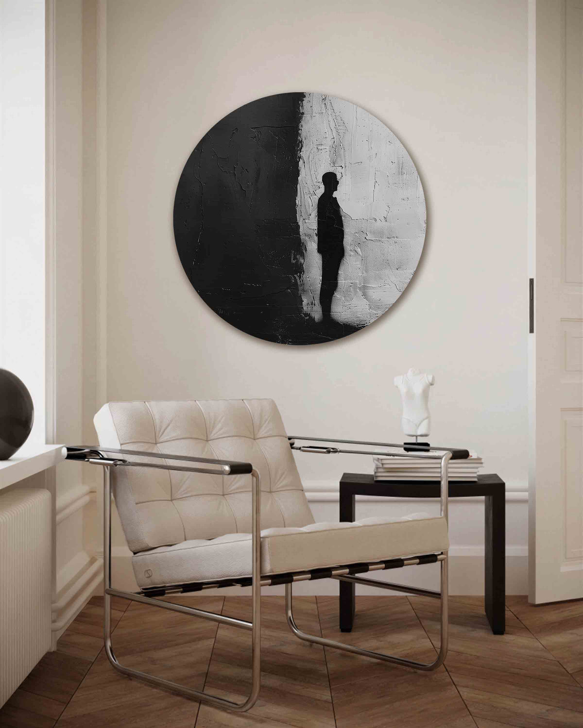 Silhouet in zwart en wit – vrouwelijk portret muurcirkel als wanddecoratie