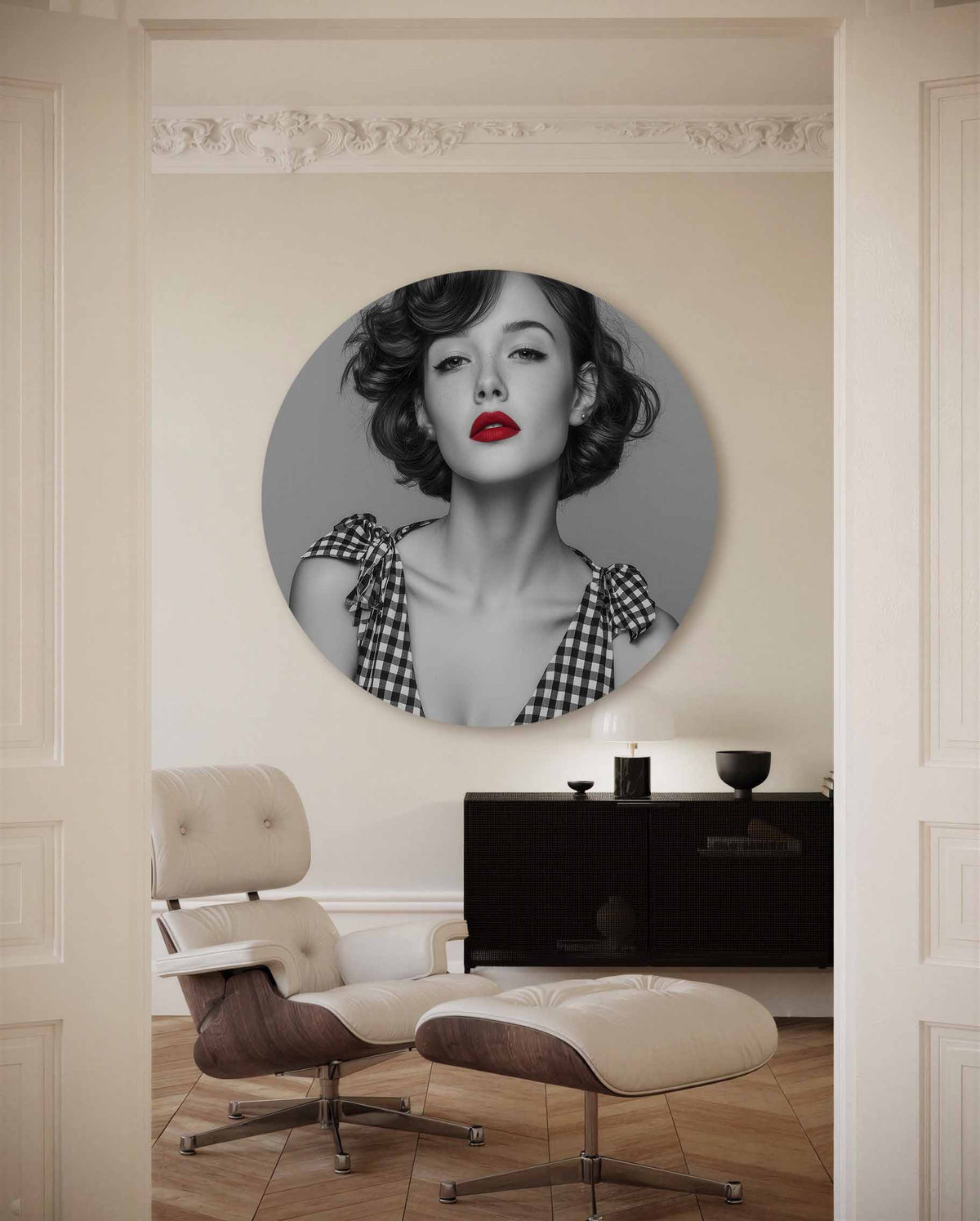 Portret met rode lippen – kleurrijke Pop Art muurcirkel voor aan de muur