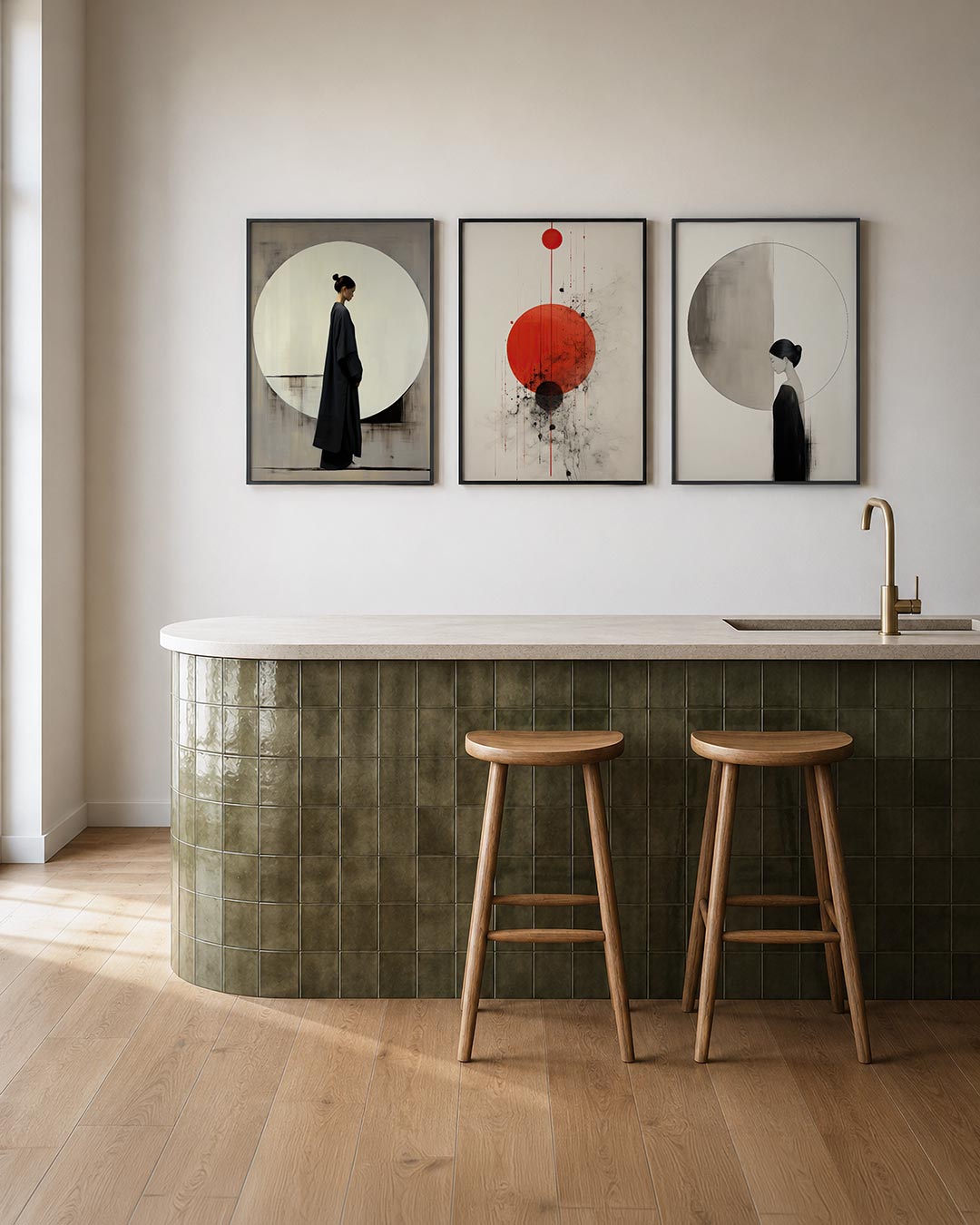Cirkel en silhouet posterset – tweede productweergave – een compositie met een grote witte cirkel op een neutrale