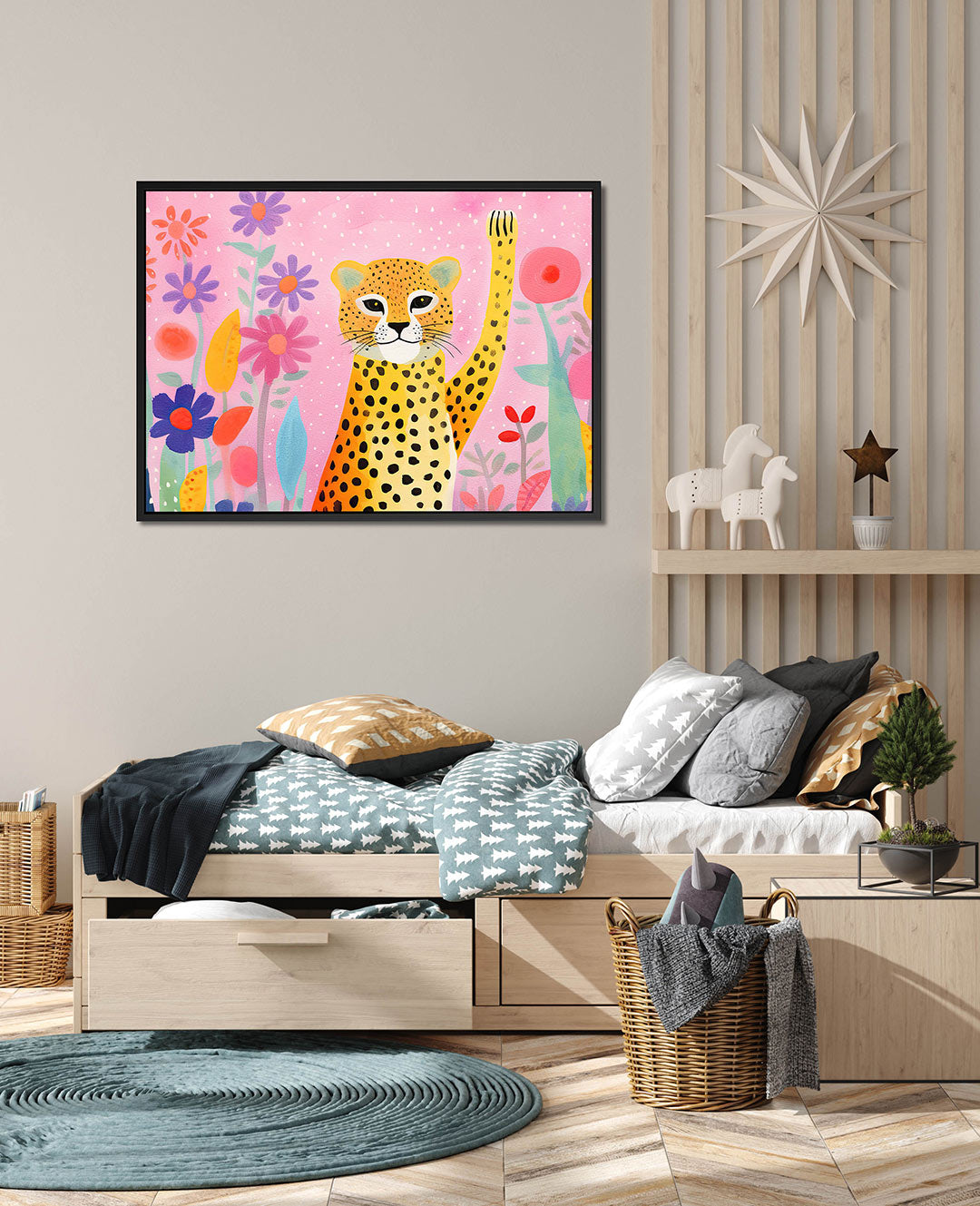 Vrolijke luipaard – wanddecoratie in interieur