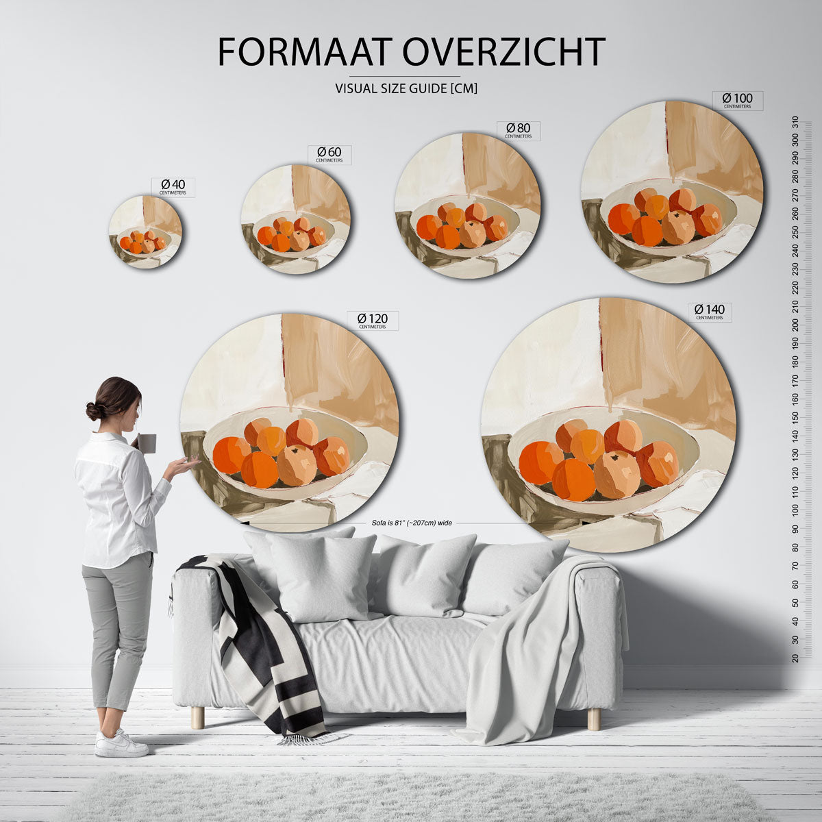 Sinaasappels in schaal – ronde muurdecoratie met kleur en vorm