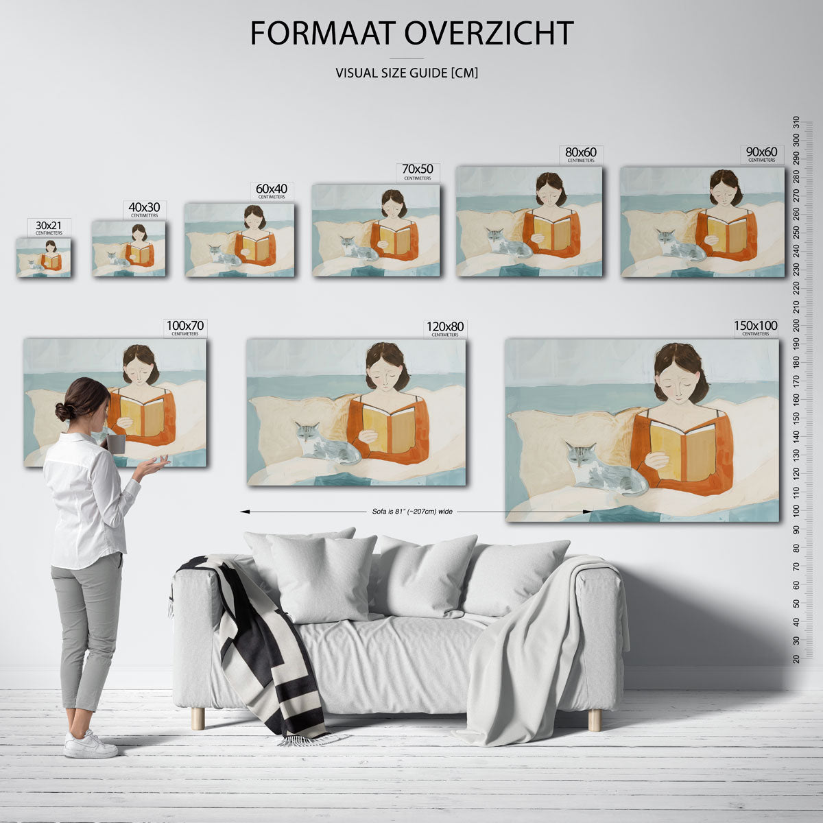 Lezende vrouw met kat – landscape muurposter met eigentijdse illustratie
