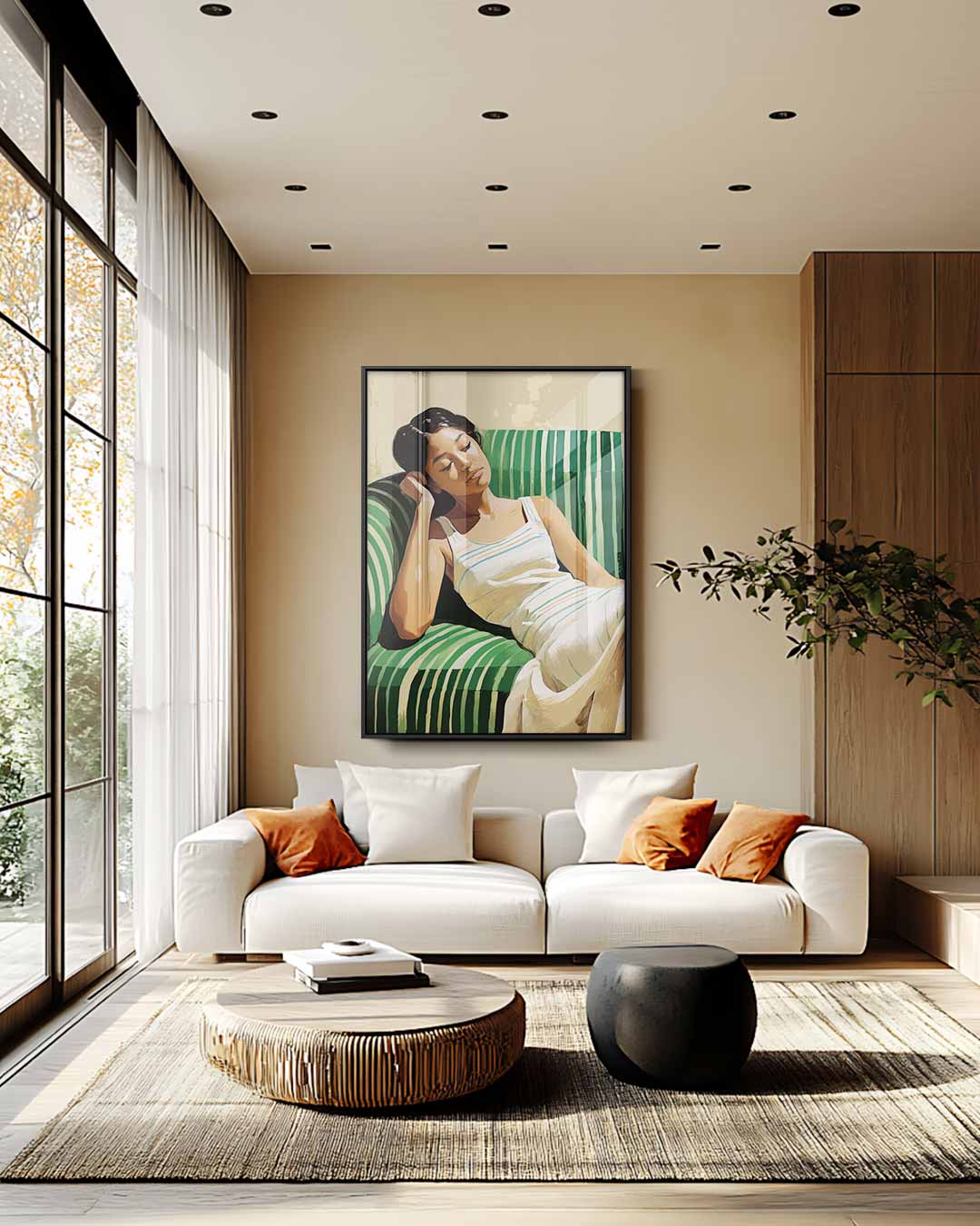 Dromerige Rust op een Groene Bank – staand kunstwerk voor modern interieur