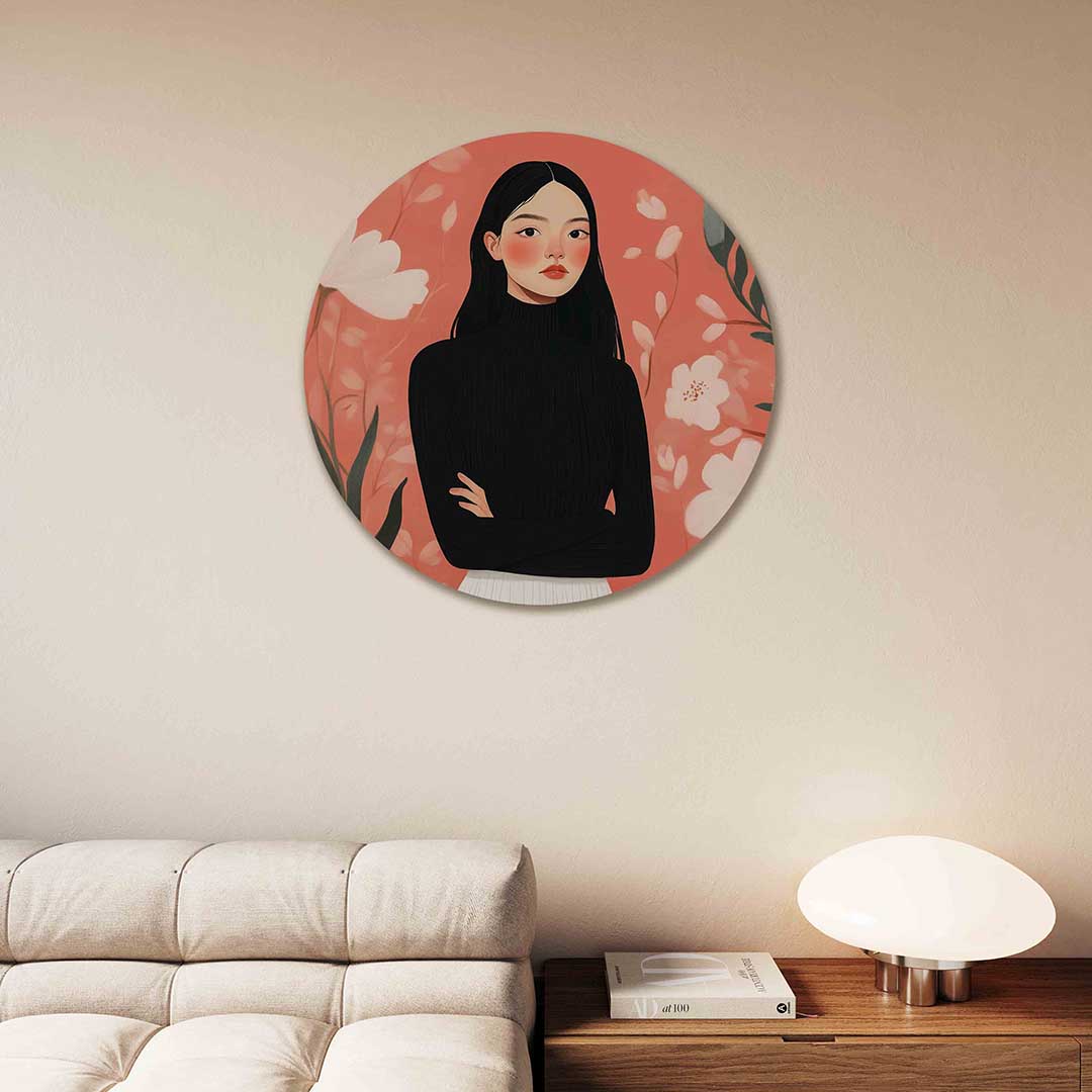 Vrouw met bloemen – moderne abstracte muurcirkel voor aan de muur