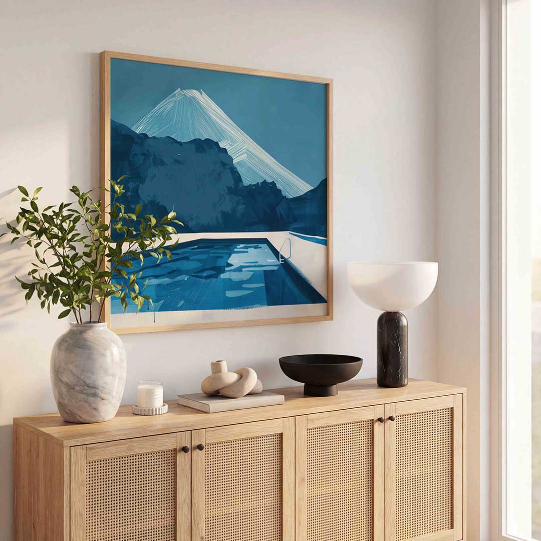 Zwembad en bergen – kunst en design poster in vierkant formaat