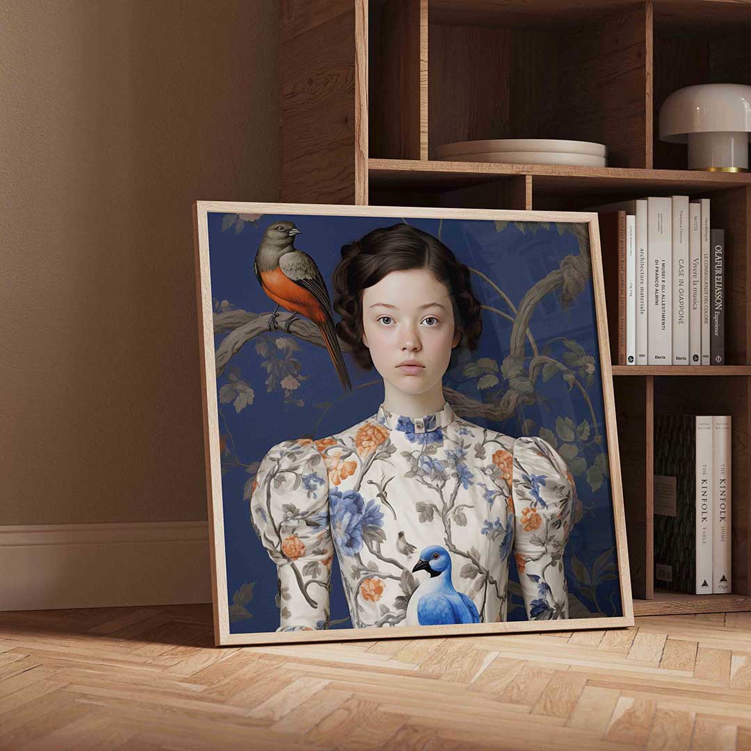 Meisje met vogels – moderne wandkunst als vierkante poster