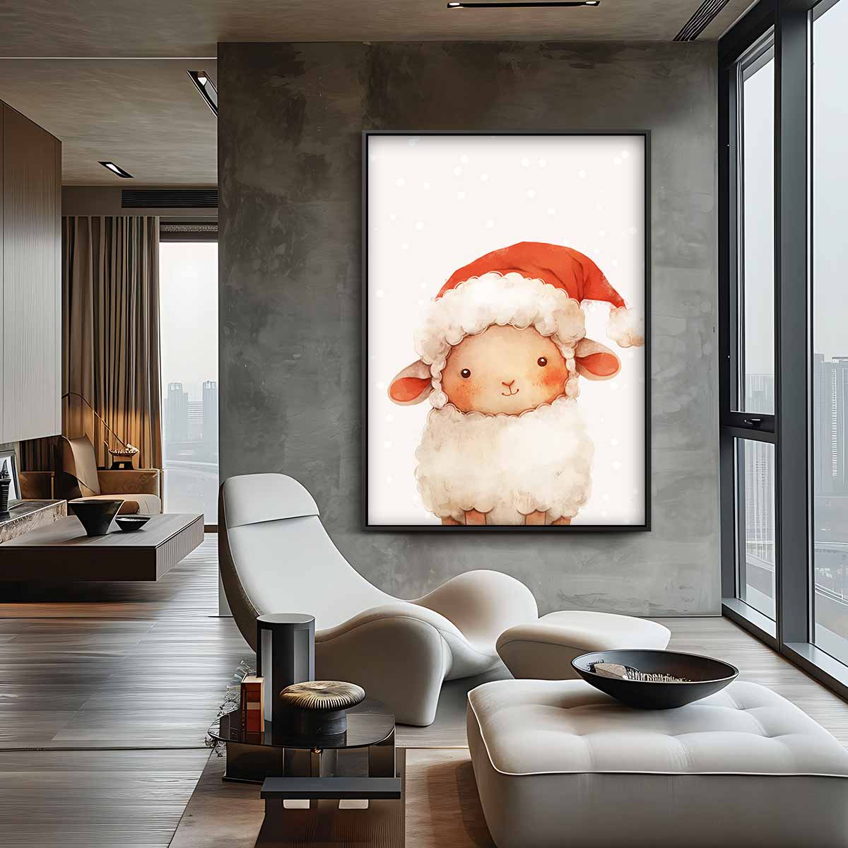Schattig Kerstlammetje Illustratie – canvas wanddecoratie in portret formaat