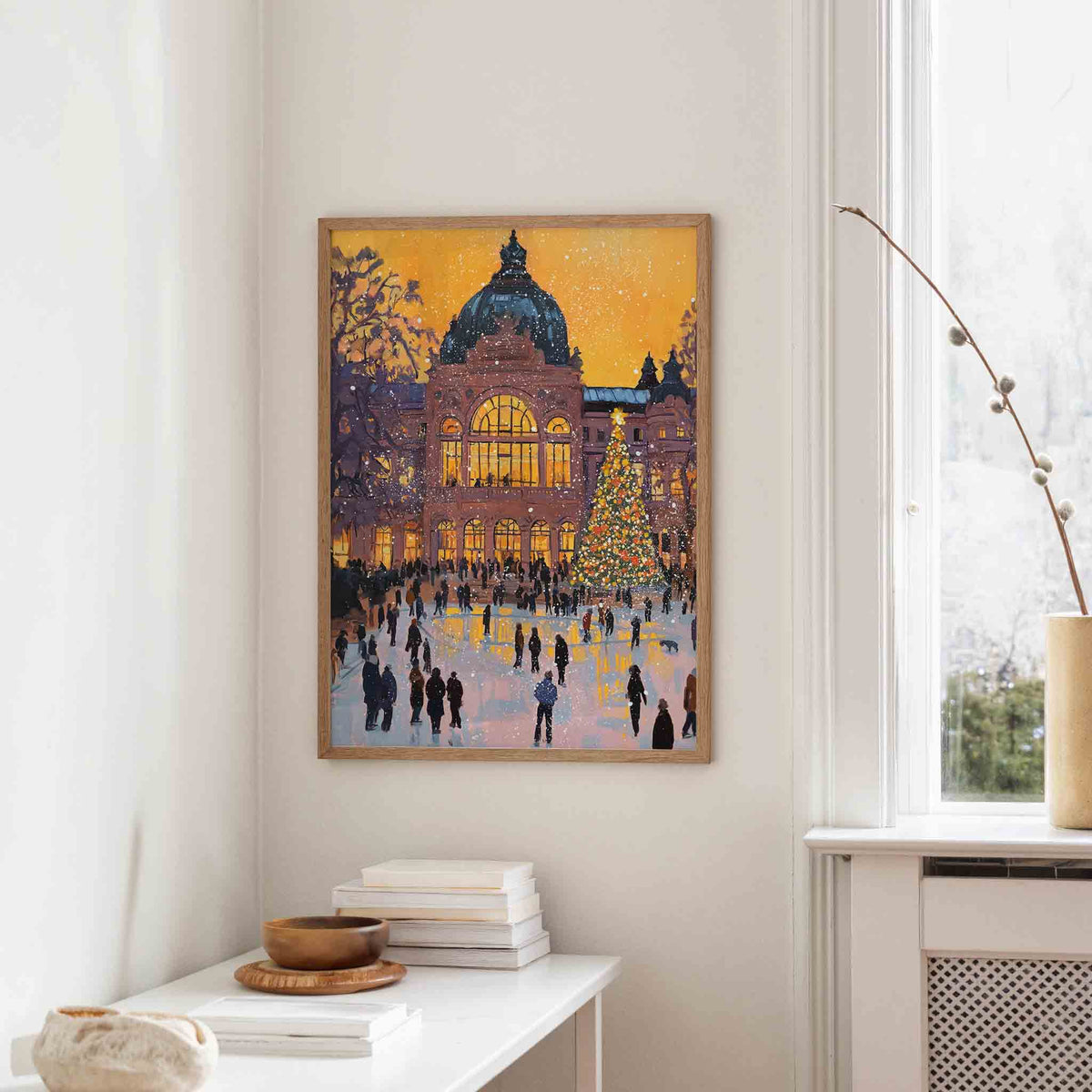 Winteravond bij verlichte hal – staande kerst wanddecoratie van WallArtistic