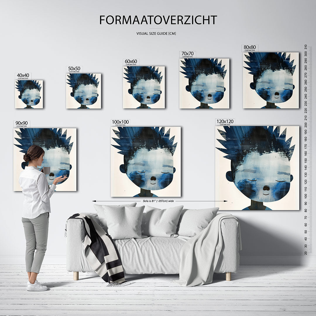 Dromerig portret kunstwerk – sfeerbeeld – dit kunstwerk toont een dromerig gezicht met gesloten ogen in blauw en zwart-wit