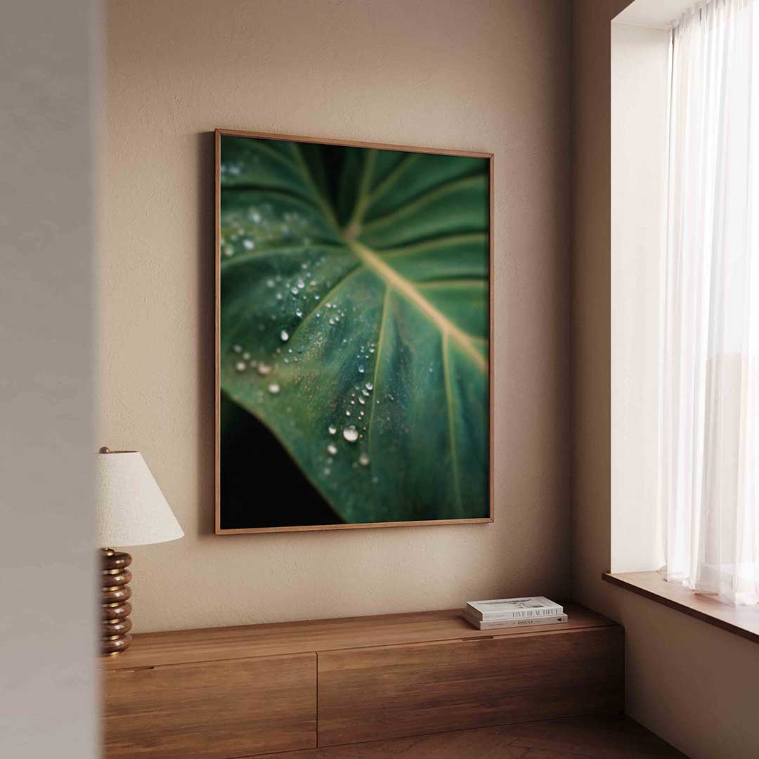 Groen blad met dauwdruppels – tropische wandkunst als portret poster