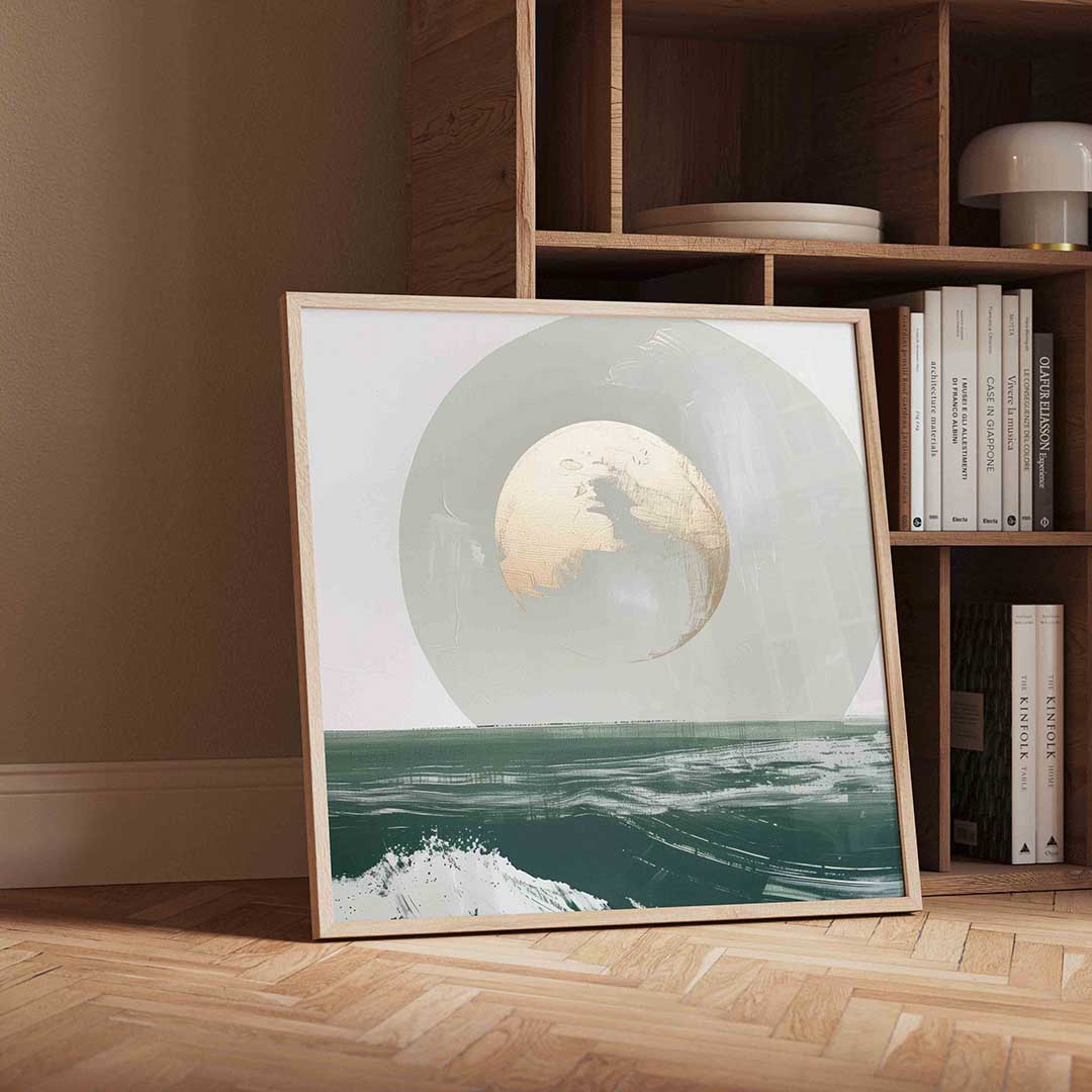 Maan boven oceaan – moderne wandkunst met kleur en vormen als poster