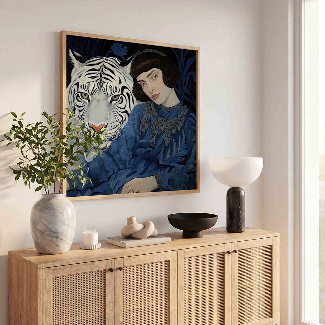 Vrouw met witte tijger – illustratie poster in vierkant formaat