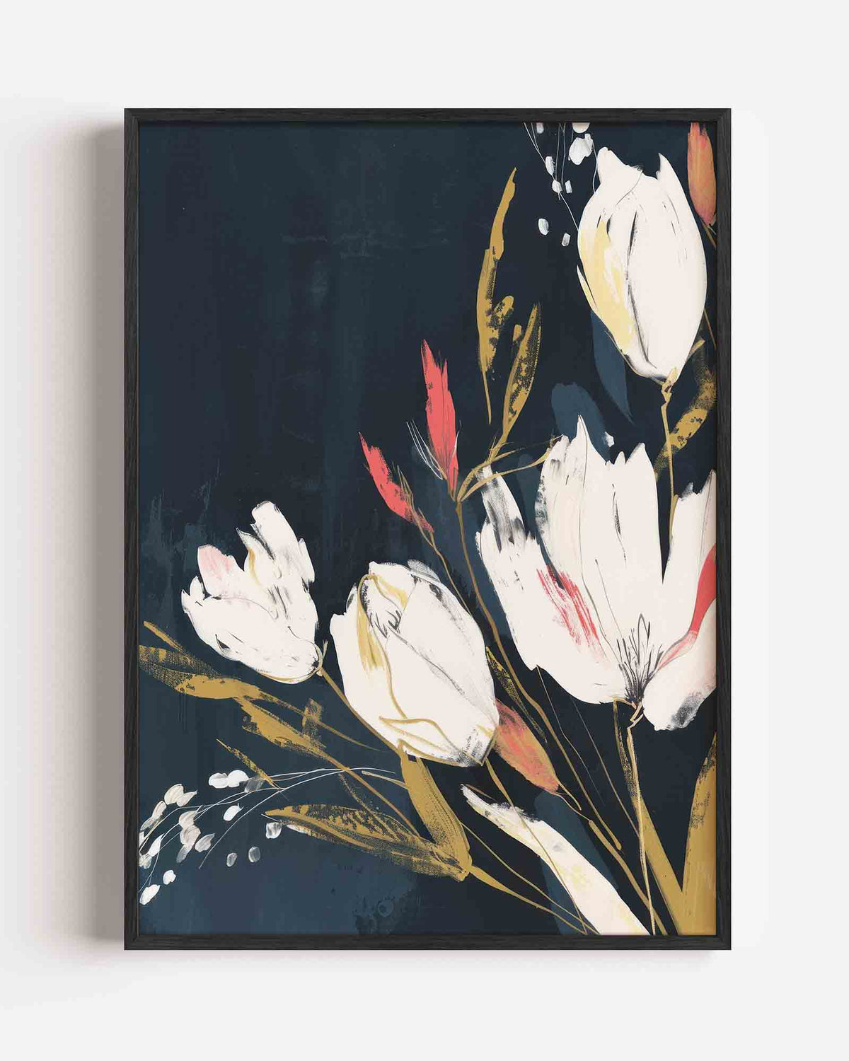 Witte bloemen op donkere achtergrond – kleurrijke illustratie portret poster als wanddecoratie