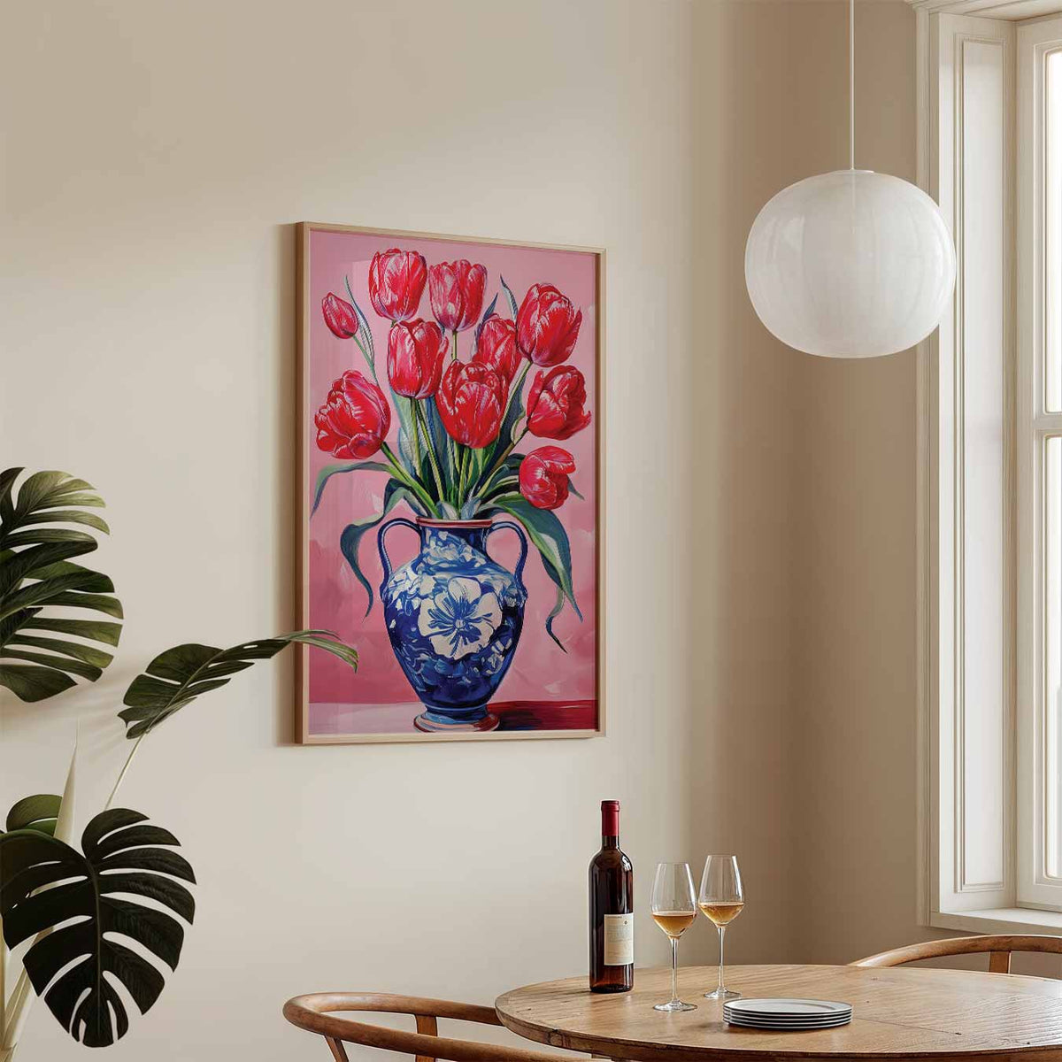 Tulpen in Delfts Blauwe Vaas – zomerse wandkunst als portret poster