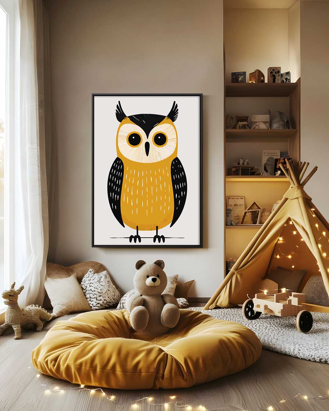 Vrolijke uil illustratie – modern portret kunstwerk van WallArtistic