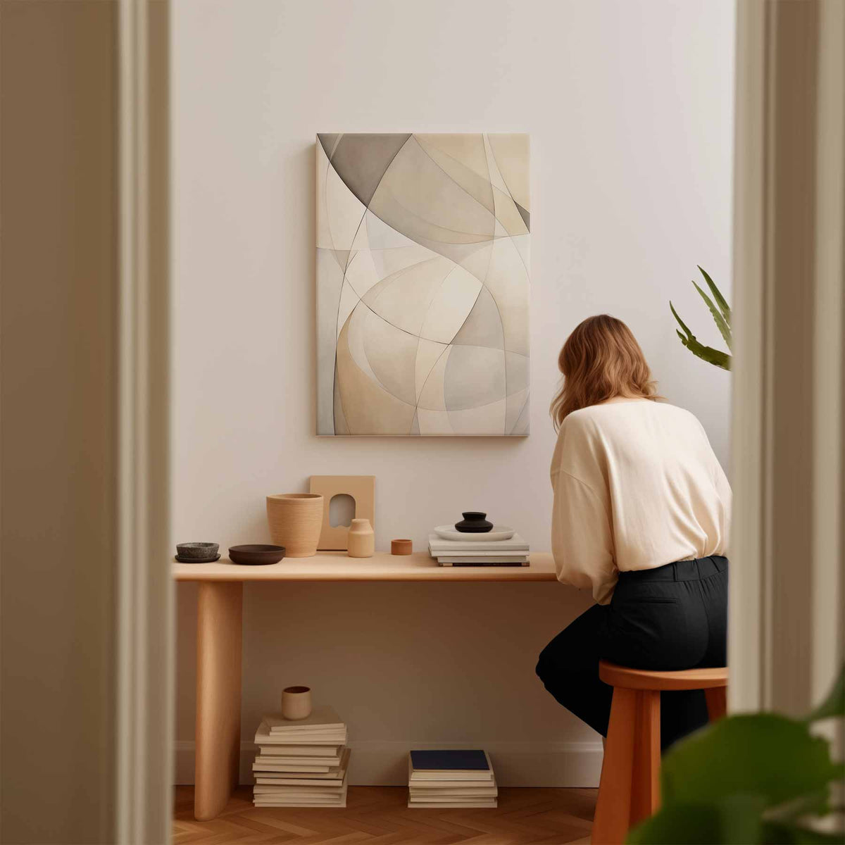 Subtiele Neutrale Golven – modern portret kunstwerk van WallArtistic