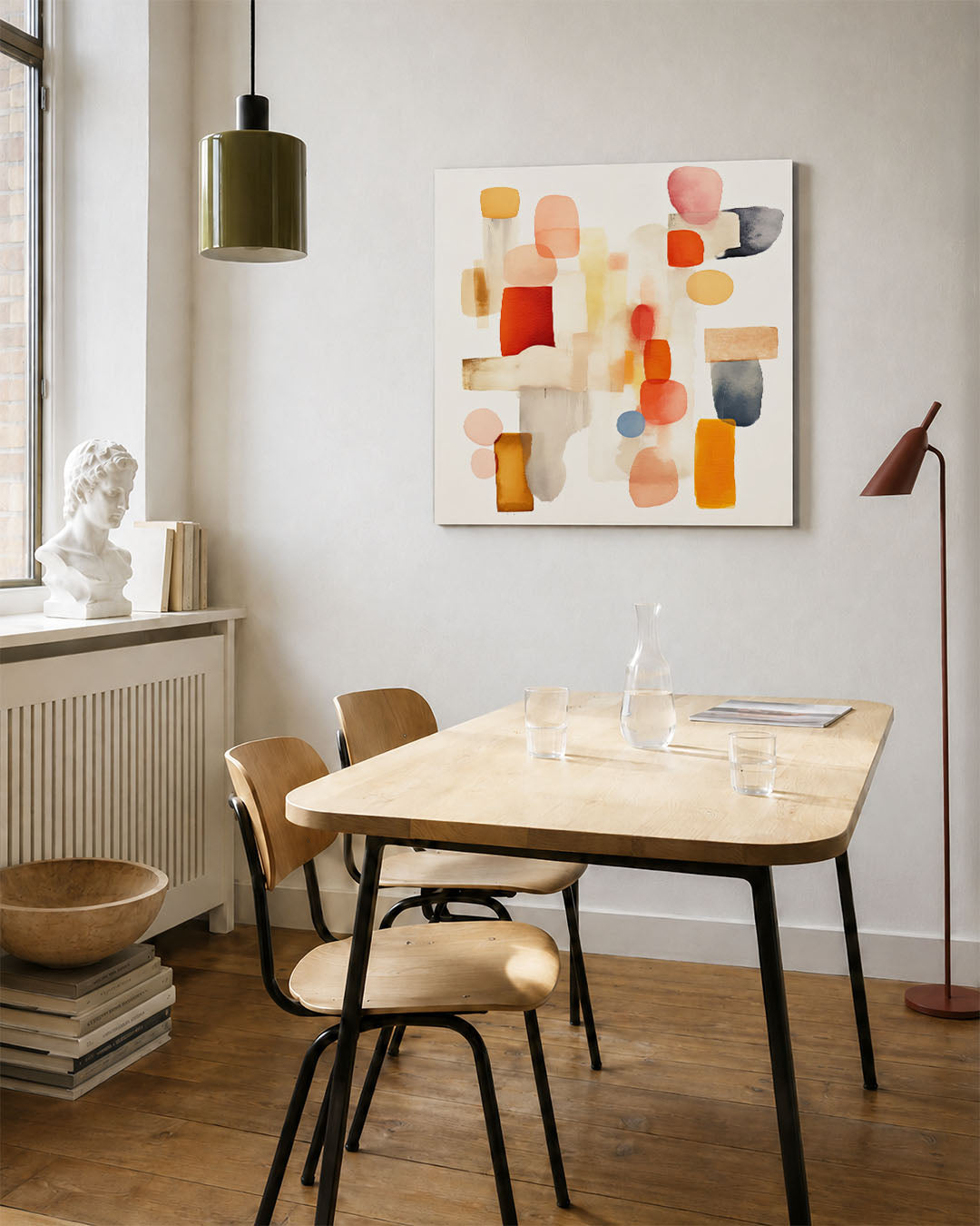Vormenspel in kleur kunstwerk – vierkante wanddecoratie – dit werk toont een dynamisch spel van organische vormen in warme