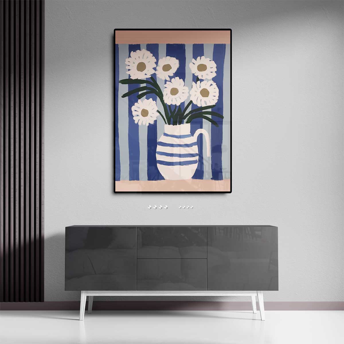 Bloemen in Blauwe Strepen – staande wandkunst voor woonkamer of interieur