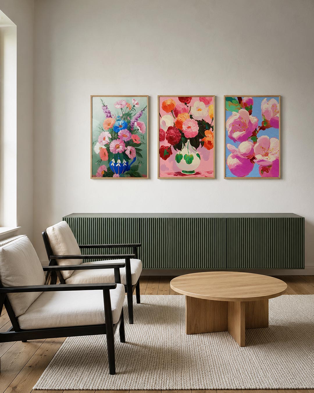 Kleurexplosie posterset – tweede productweergave – een levendig boeket met roze, blauwe en paarse bloemen in