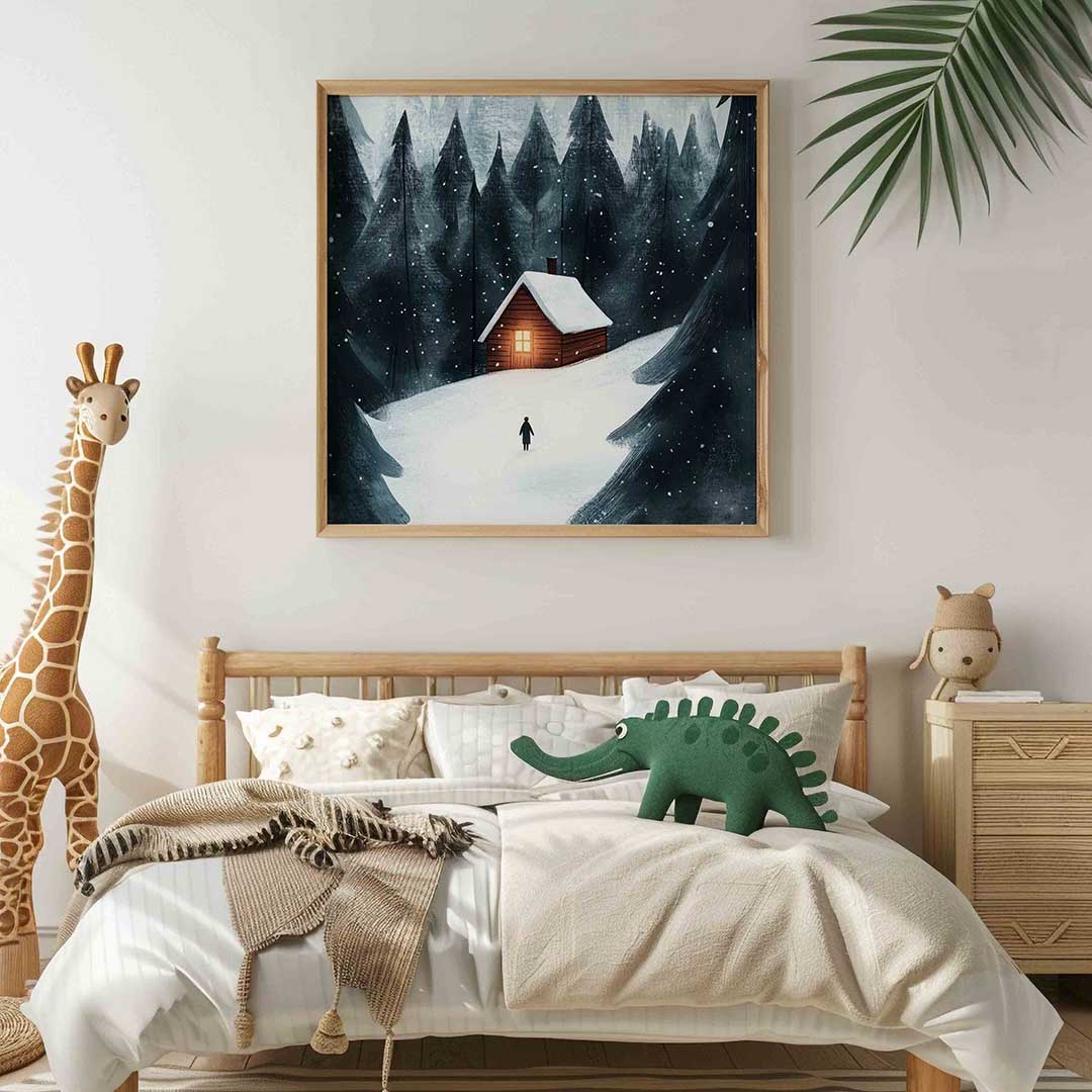 Winterlandschap met huisje – vierkante kinderkamer wanddecoratie van WallArtistic