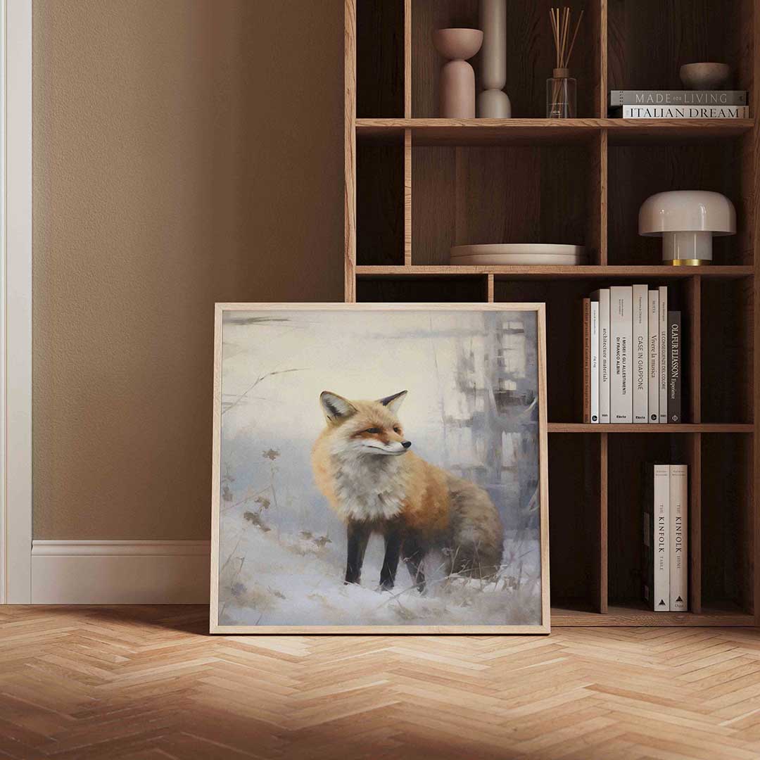 Vos in winterlandschap – kerstposter in vierkant formaat