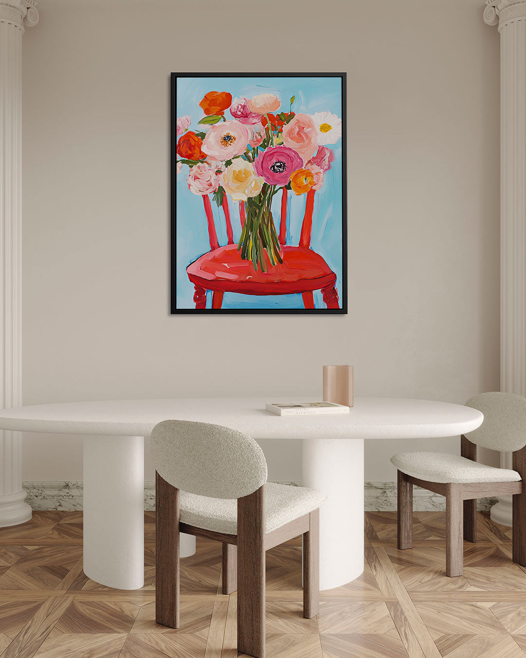 Bloemen op stoel – staand wanddecoratie kunstwerk