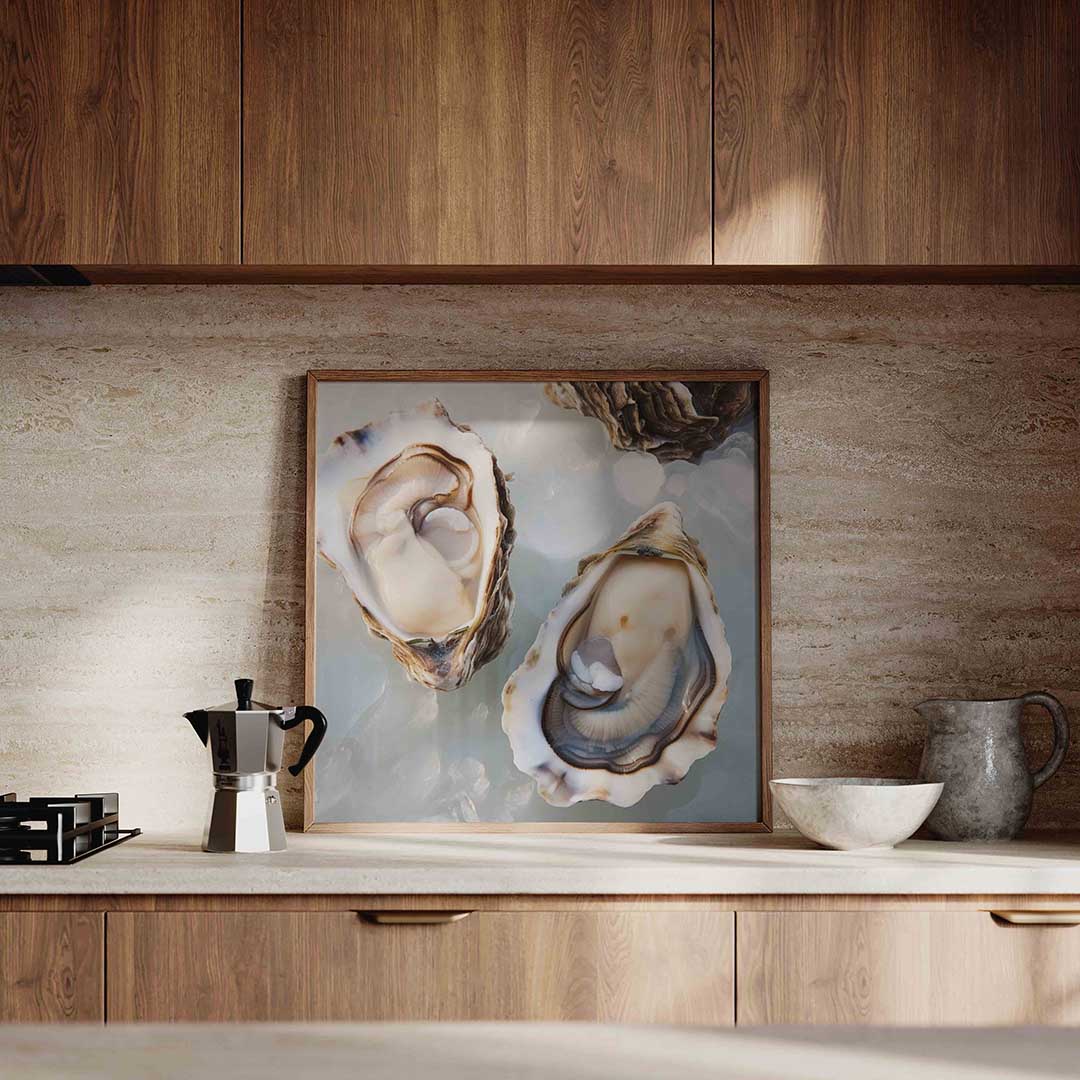 Open oesters op ijs – culinaire wandkunst als vierkante poster