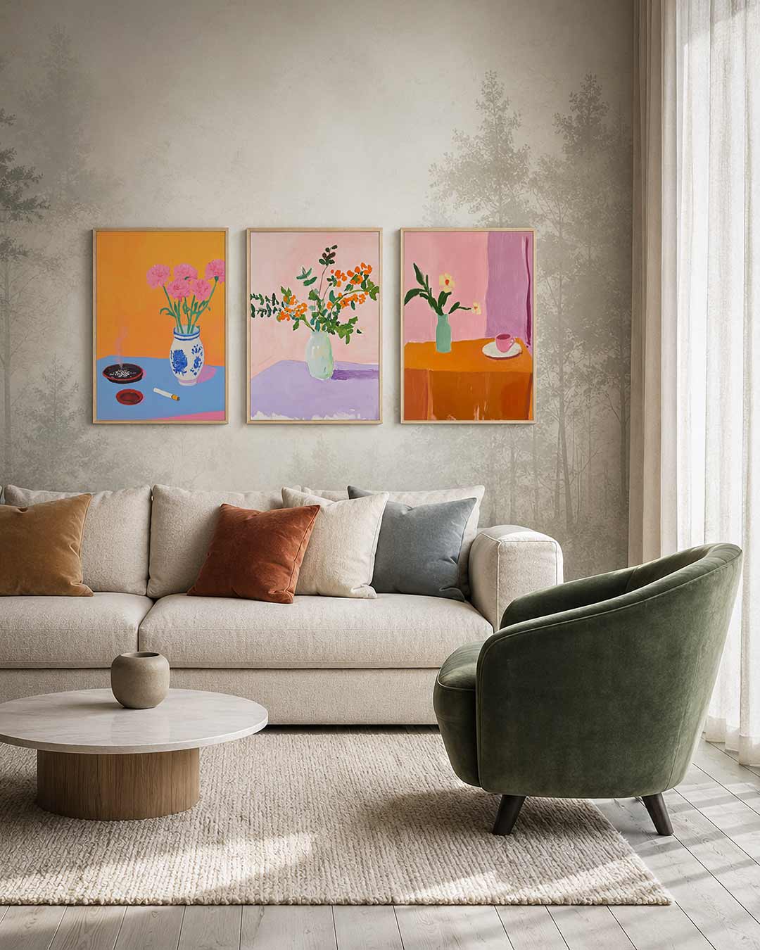 Kleurrijke bloemenvormen driedelige posterset – deze posterset toont levendige roze bloemen in een vaas