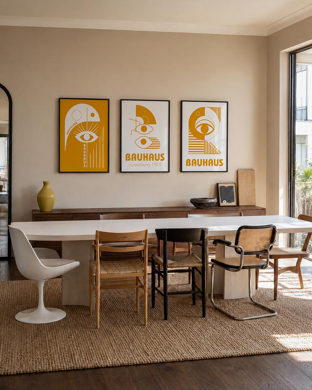 Oog en lijnen driedelige posterset – deze posterset in drie delen toont een speelse combinatie van een groot oog, strakke