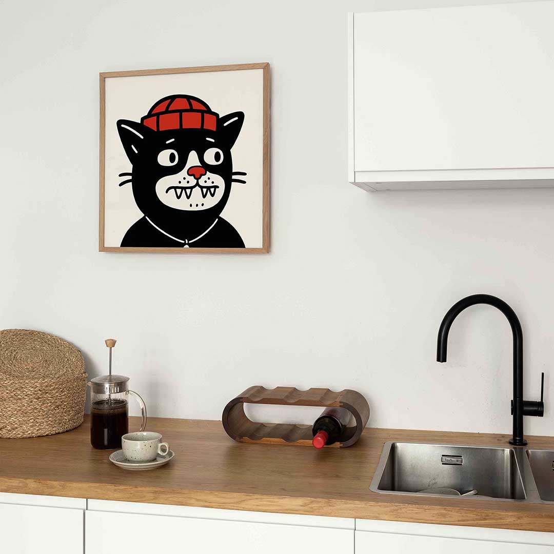 Kat met rode muts – kleurrijke Pop Art poster in vierkant formaat