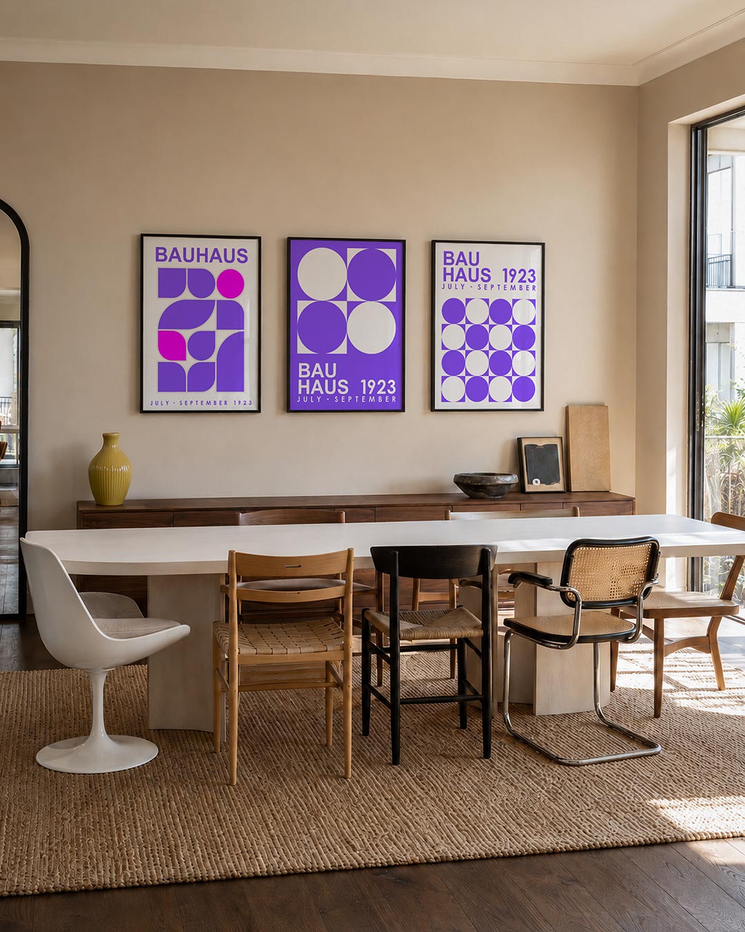 Vorm en kleur driedelige posterset – deze posterset in drie delen speelt met paarse en roze